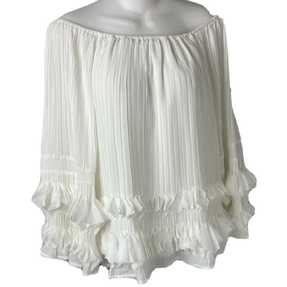 Line & Dot Off Shoulder Frilly Pleated Bell Sleeve Blouse Ivory Revolve NWT